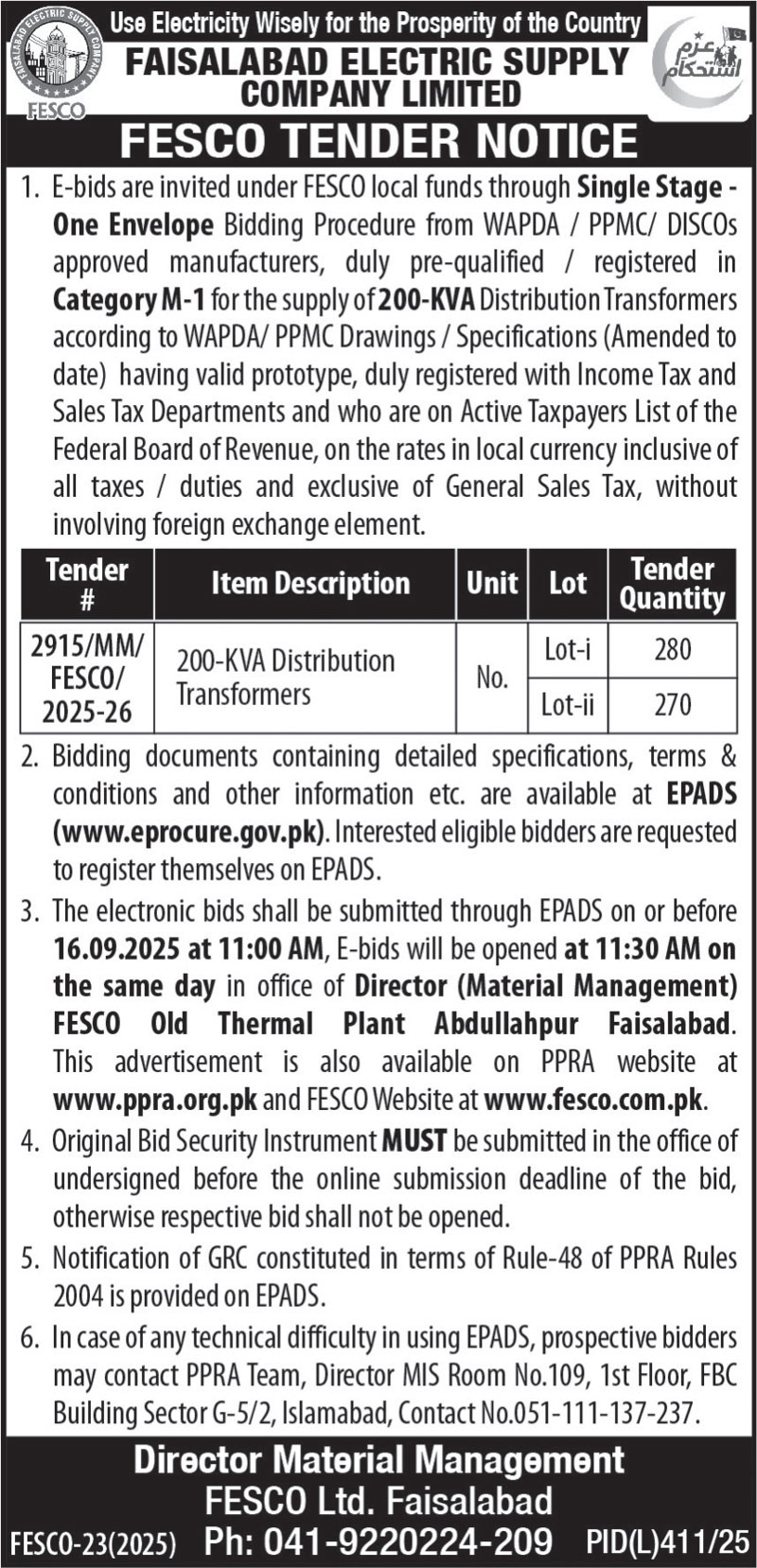 FESCO Faisalabad Tender Notice